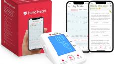 The Hello Heart platform, including smartphone displaying the app and the connected blood pressure monitor